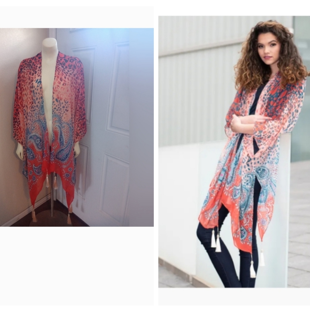 Amanda Blu Animal Print Ruana One Size Coral / Real Leopard Kimono